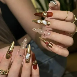 10Pcs-Long-Light-luxury-Handmade-Press-On-Nails-Almond-Artificial-Full-Cover-Gold-Foil-Design-Fake